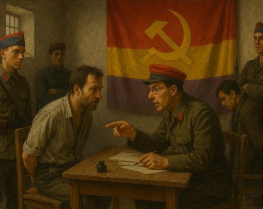 Una recreación de un interrogatorio en una cheka en Barcelona durante la Guerra Civil