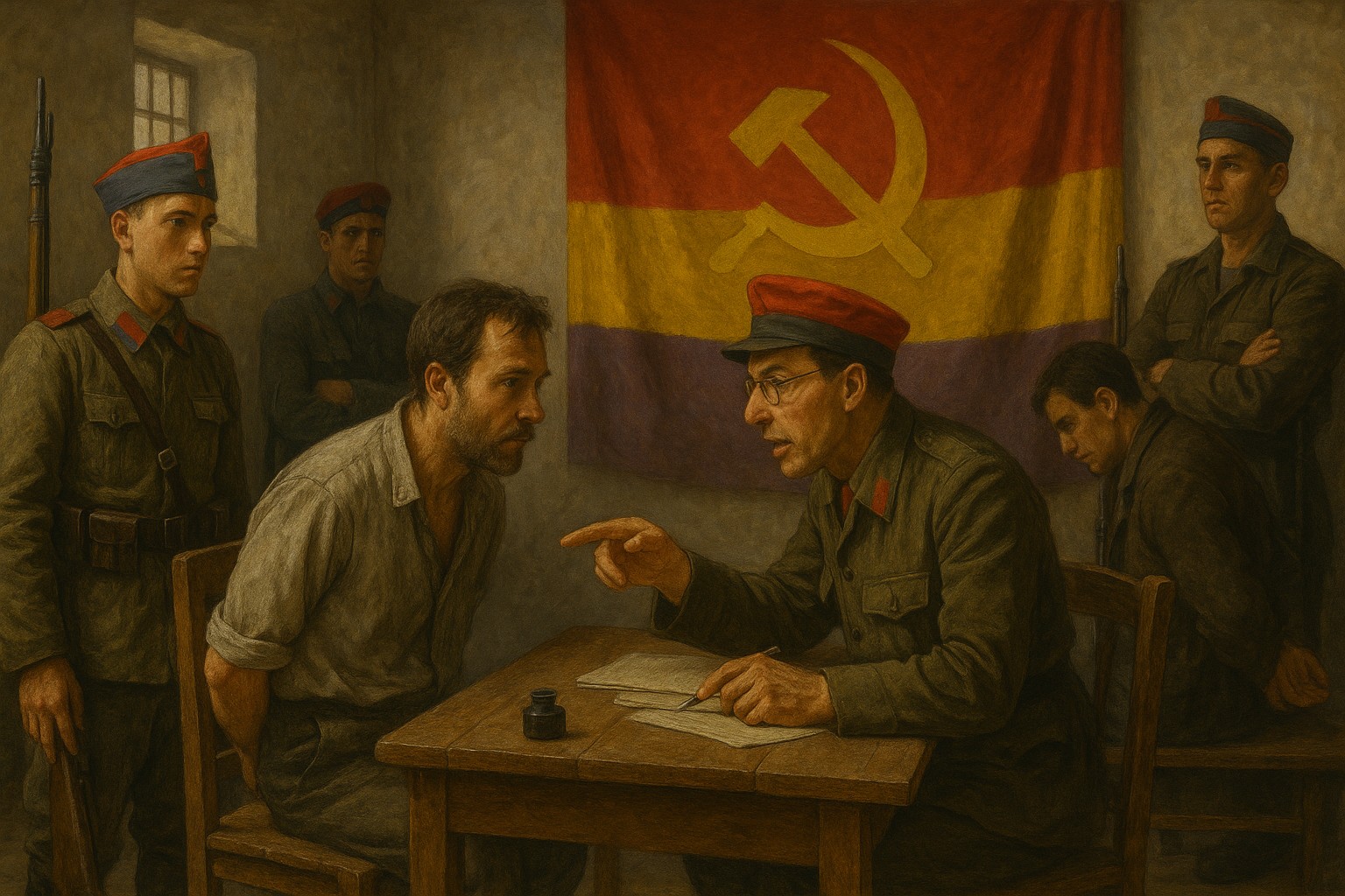 Una recreación de un interrogatorio en una cheka en Barcelona durante la Guerra Civil